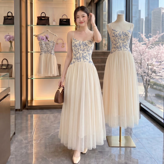 Blue Floral Embroidered Corset Bodice Tulle Cami Midi Dress