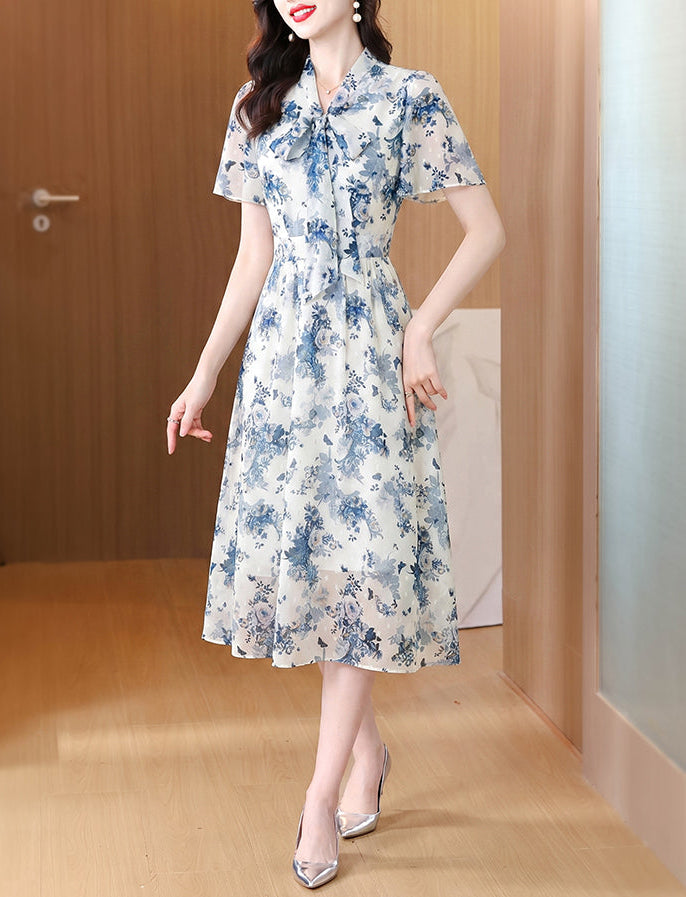 Blue Floral Flutter Sleeve Pussy-Bow Dress