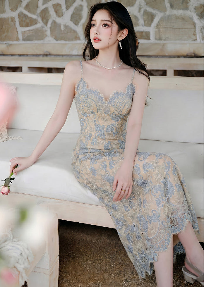 Blue Floral Lace Midi Dress-Scalloped Cami Slip Dress