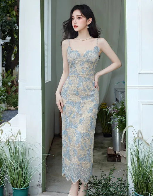 Blue Floral Lace Midi Dress-Scalloped Cami Slip Dress