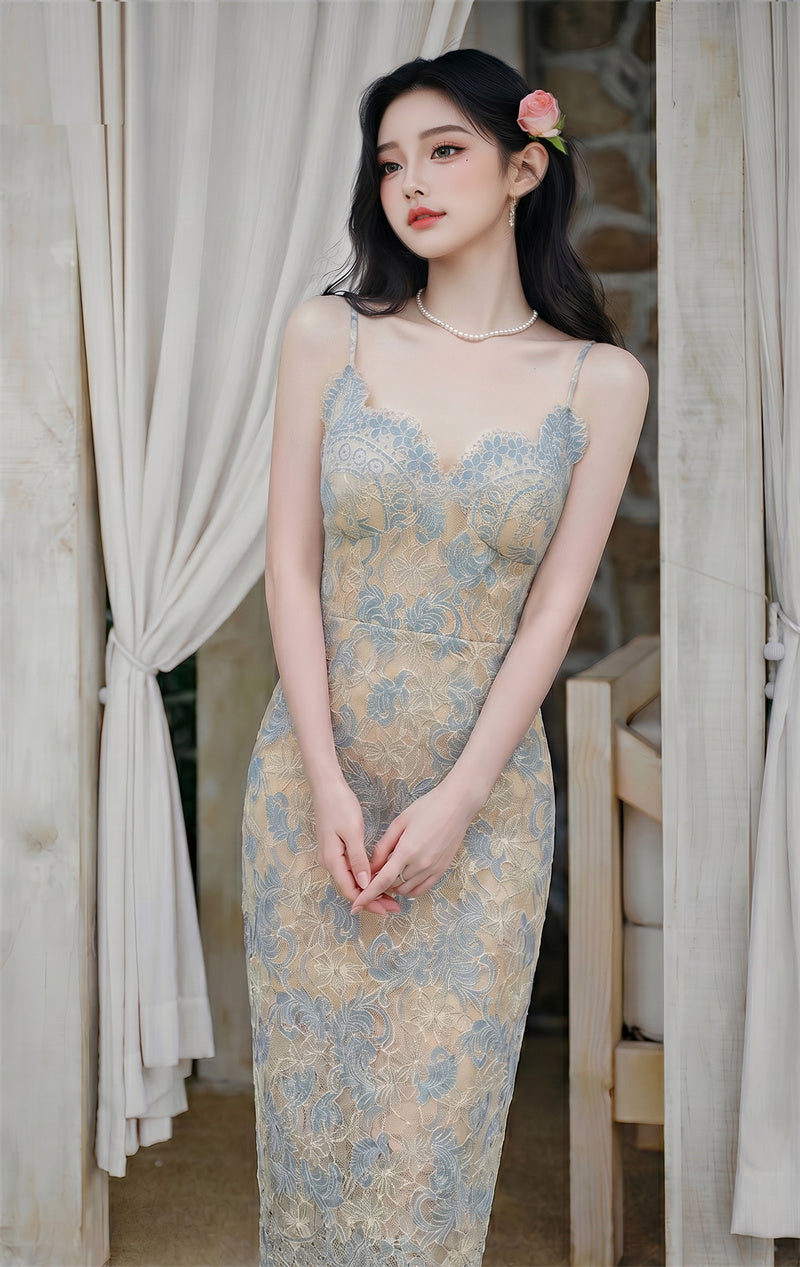 Blue Floral Lace Midi Dress-Scalloped Cami Slip Dress