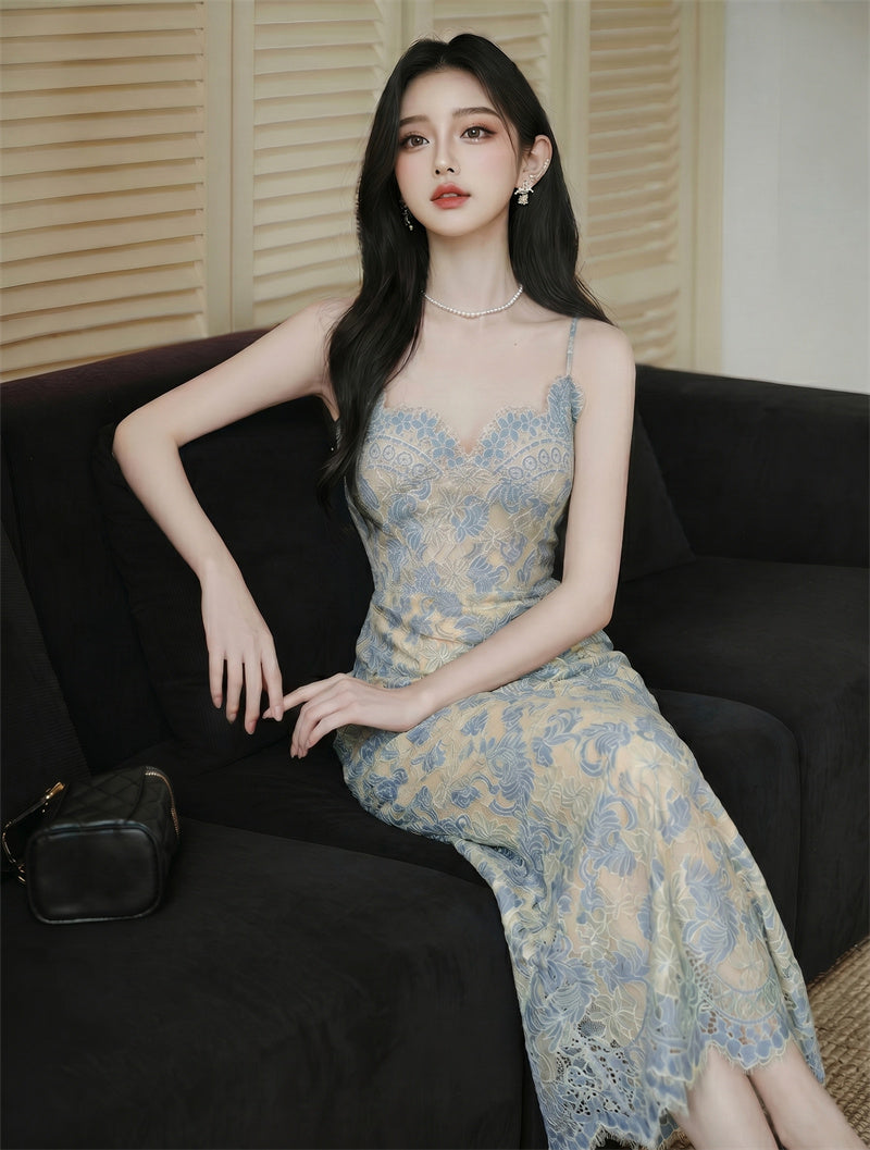 Blue Floral Lace Midi Dress-Scalloped Cami Slip Dress