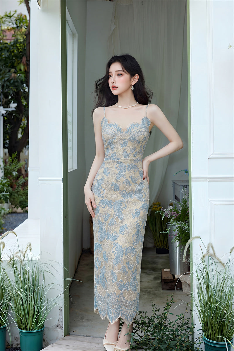 Blue Floral Lace Midi Dress-Scalloped Cami Slip Dress