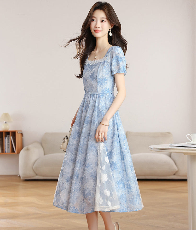 Summer Sky Floral Lace Trim Short Sleeve Maxi