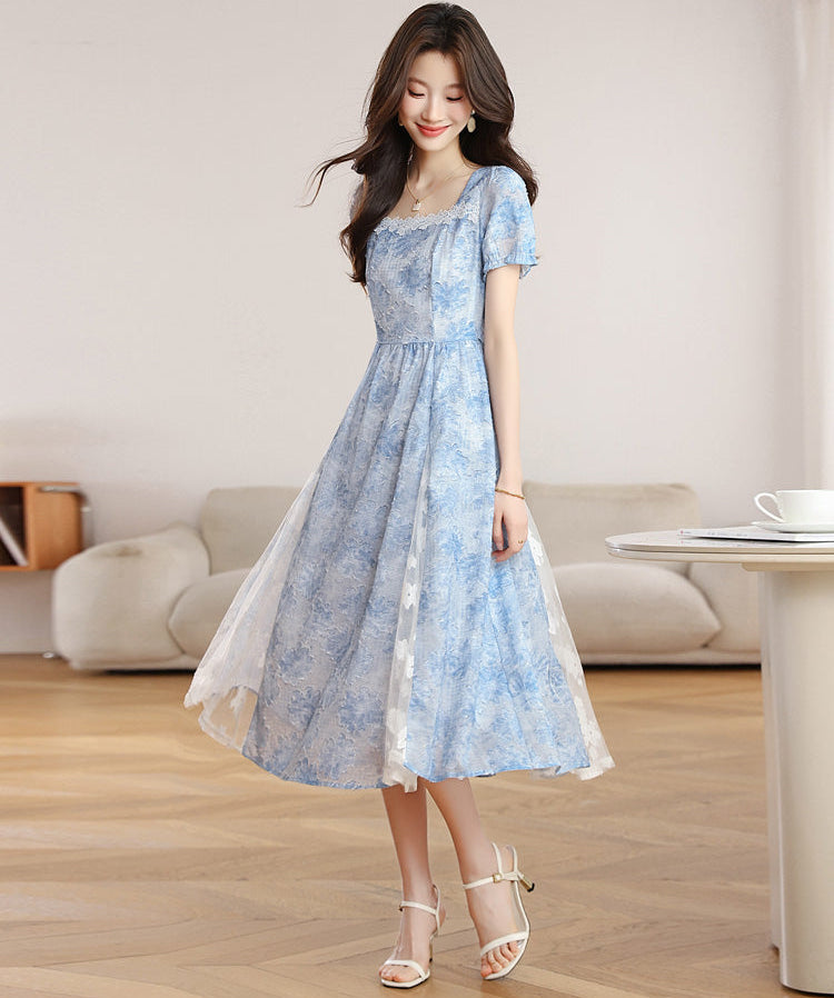 Summer Sky Floral Lace Trim Short Sleeve Maxi