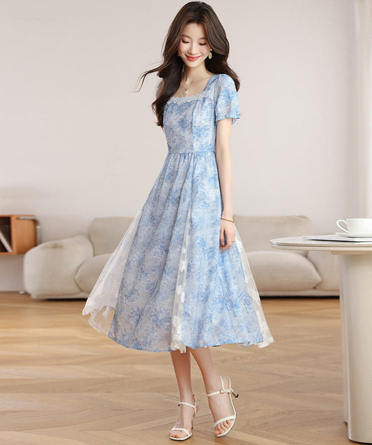 Summer Sky Floral Lace Trim Short Sleeve Maxi