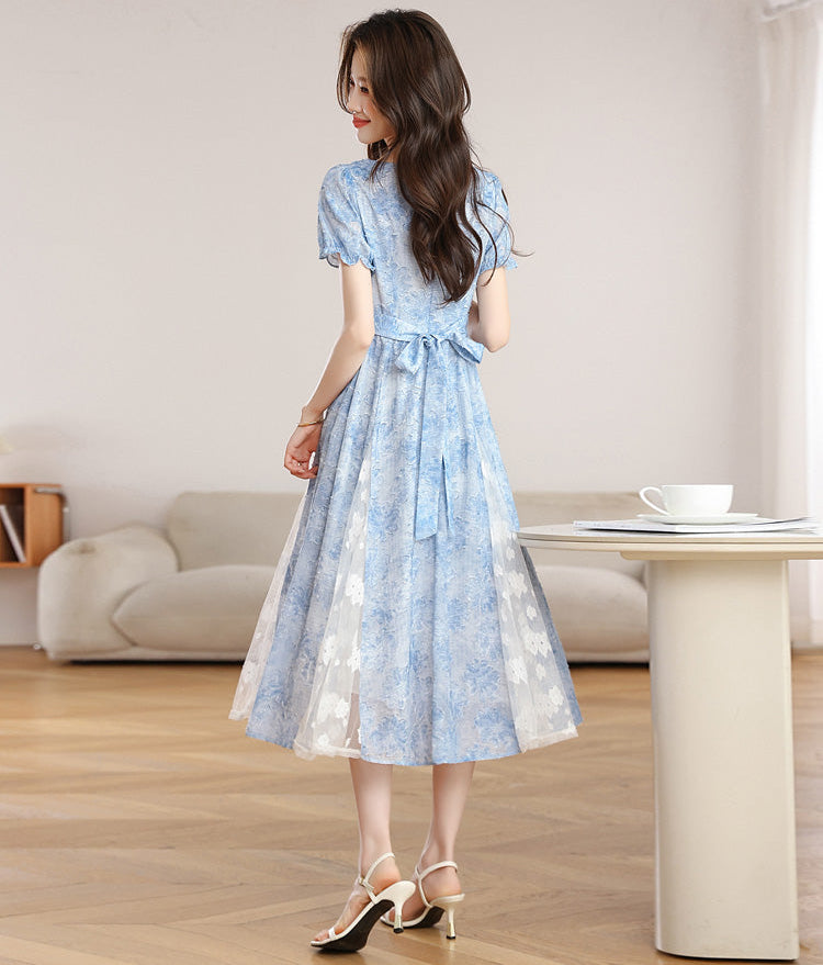 Summer Sky Floral Lace Trim Short Sleeve Maxi