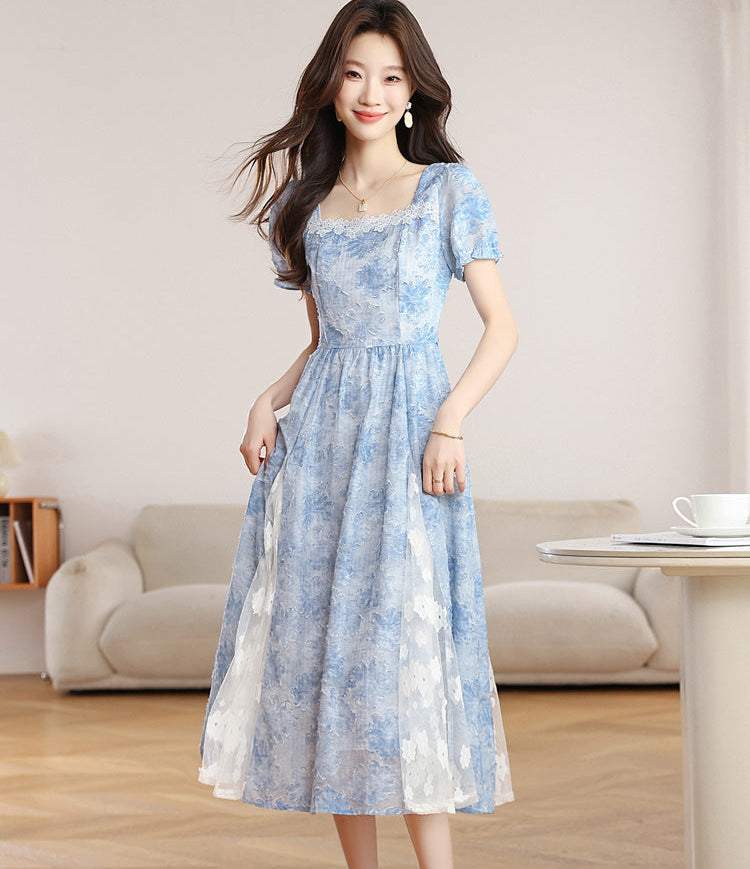 Summer Sky Floral Lace Trim Short Sleeve Maxi