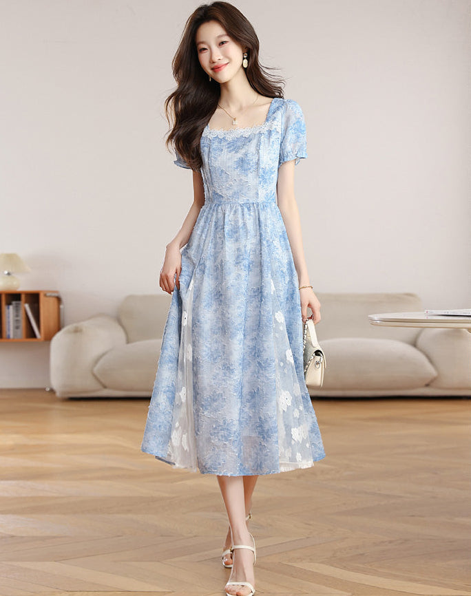 Summer Sky Floral Lace Trim Short Sleeve Maxi