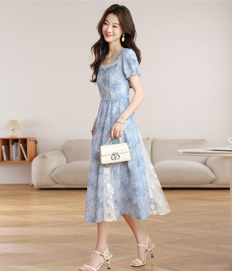 Summer Sky Floral Lace Trim Short Sleeve Maxi