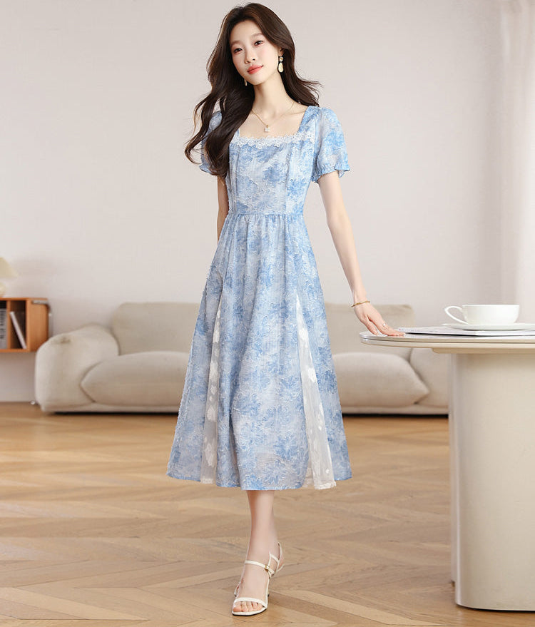 Summer Sky Floral Lace Trim Short Sleeve Maxi