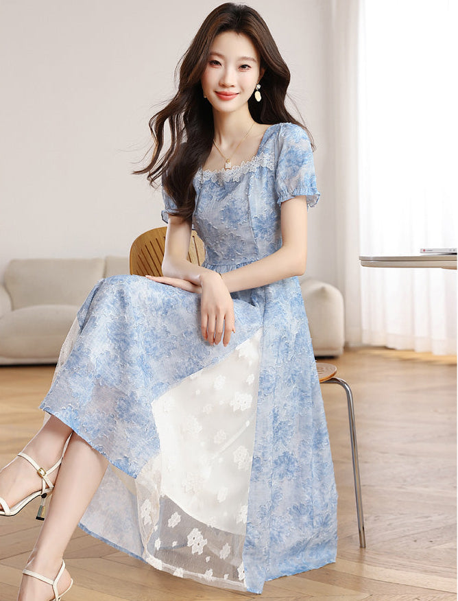 Summer Sky Floral Lace Trim Short Sleeve Maxi