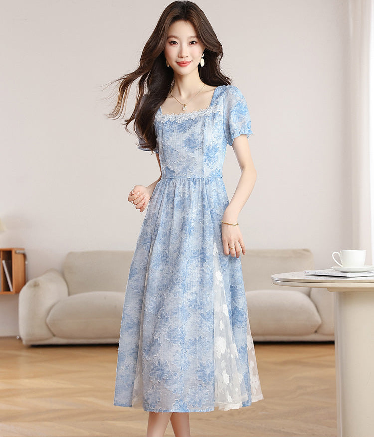 Summer Sky Floral Lace Trim Short Sleeve Maxi