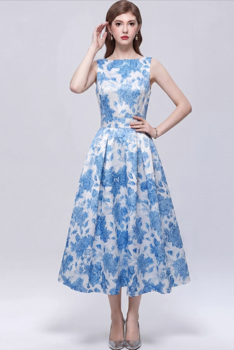 Blue Flower Sleeveless printed With A Three-dimensional Cut Dress