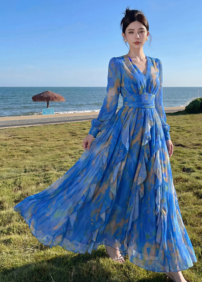 Blue Watercolor Printed Chiffon Maxi Dress with Long Sleeves & Waterfall Ruffles