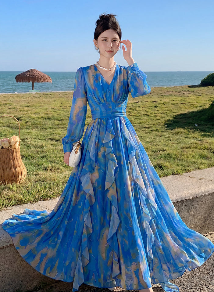 Blue Watercolor Printed Chiffon Maxi Dress with Long Sleeves & Waterfall Ruffles