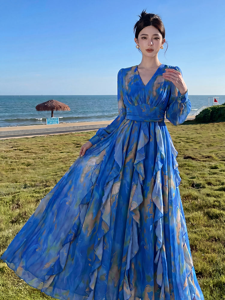Blue Watercolor Printed Chiffon Maxi Dress with Long Sleeves & Waterfall Ruffles