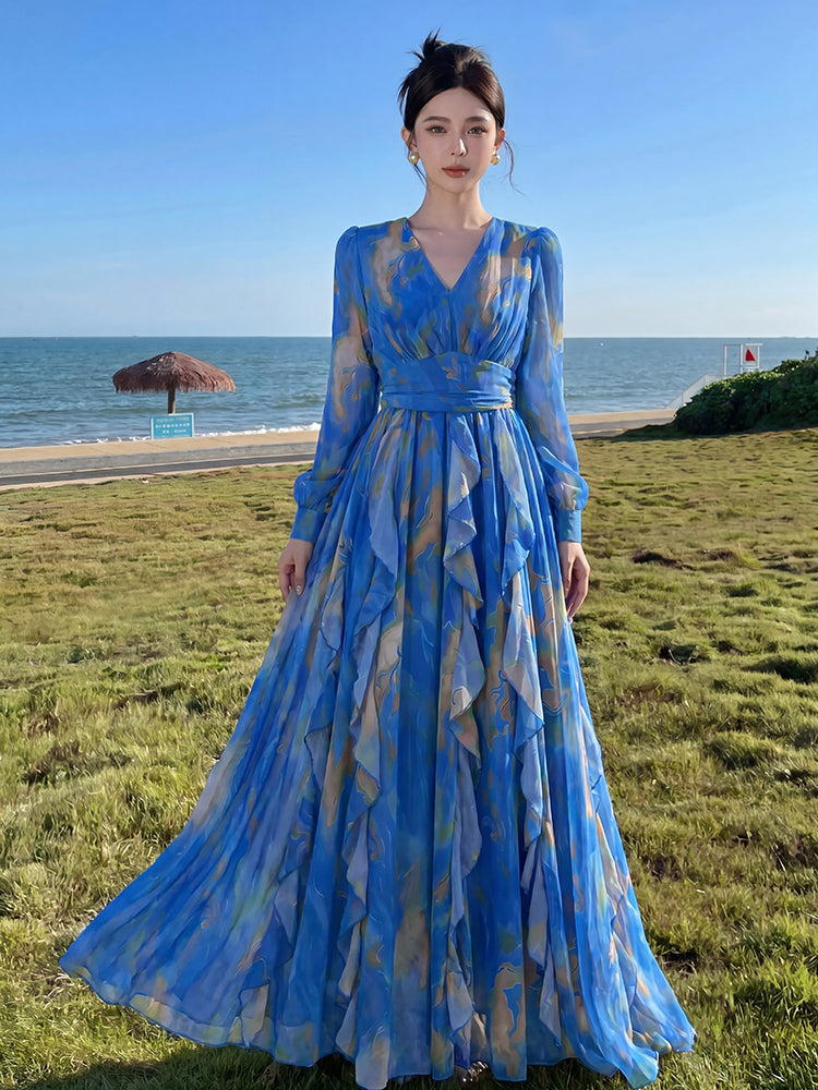 Blue Watercolor Printed Chiffon Maxi Dress with Long Sleeves & Waterfall Ruffles