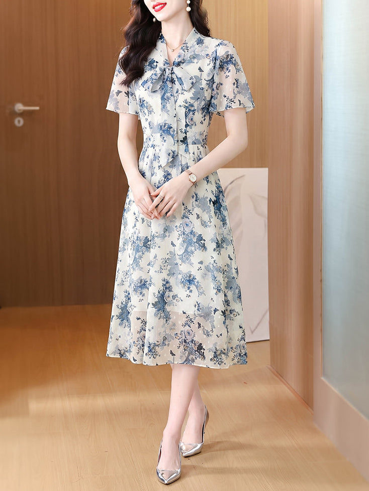 Blue Floral Flutter Sleeve Pussy-Bow Dress