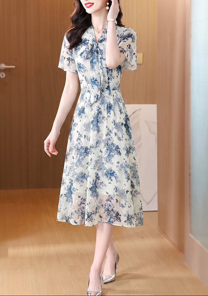 Blue Floral Flutter Sleeve Pussy-Bow Dress