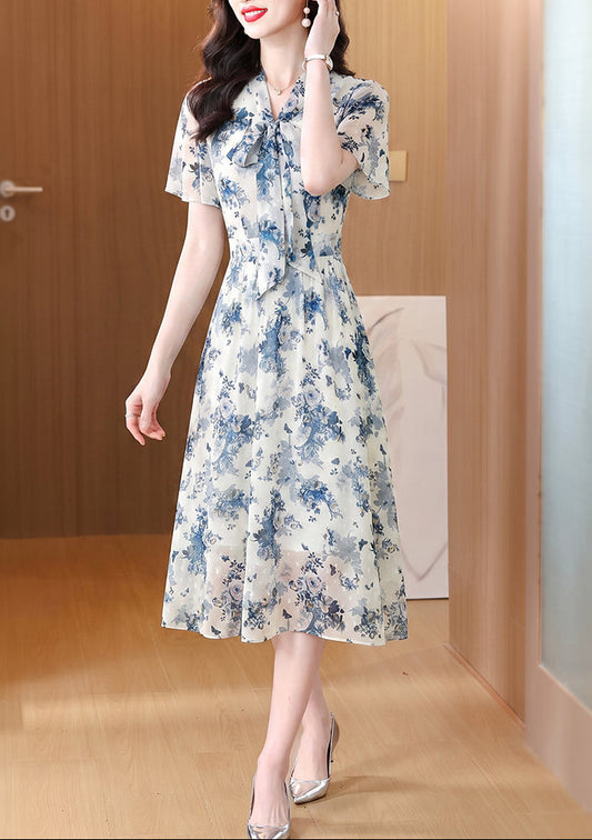 Blue Floral Flutter Sleeve Pussy-Bow Dress