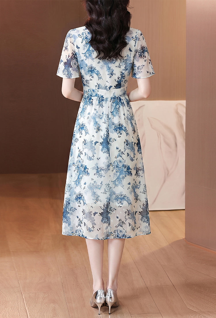 Blue Floral Flutter Sleeve Pussy-Bow Dress