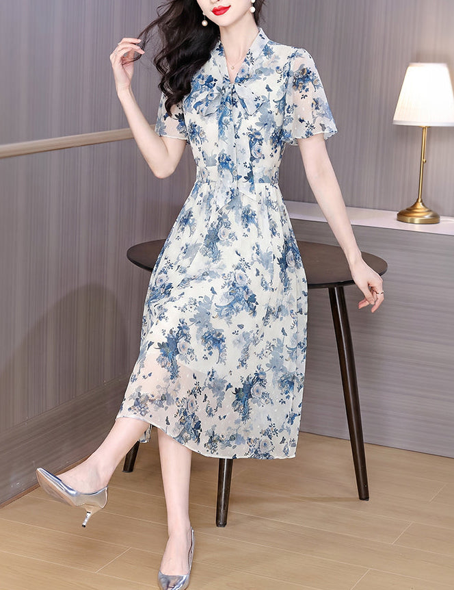 Blue Floral Flutter Sleeve Pussy-Bow Dress