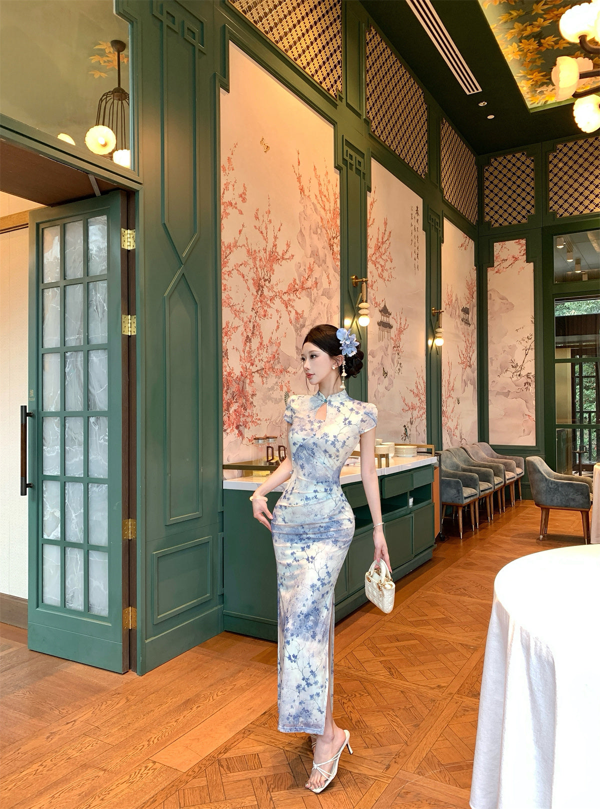 Blue and white Qipao Floral Maxi Dress