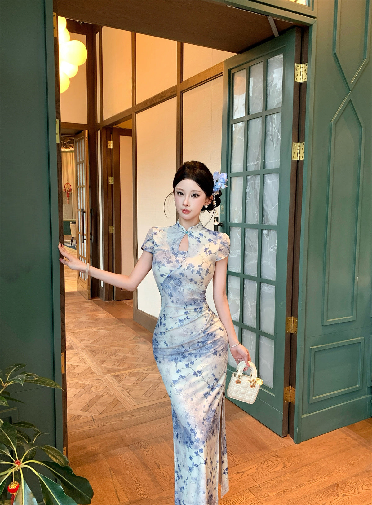 Blue and white Qipao Floral Maxi Dress