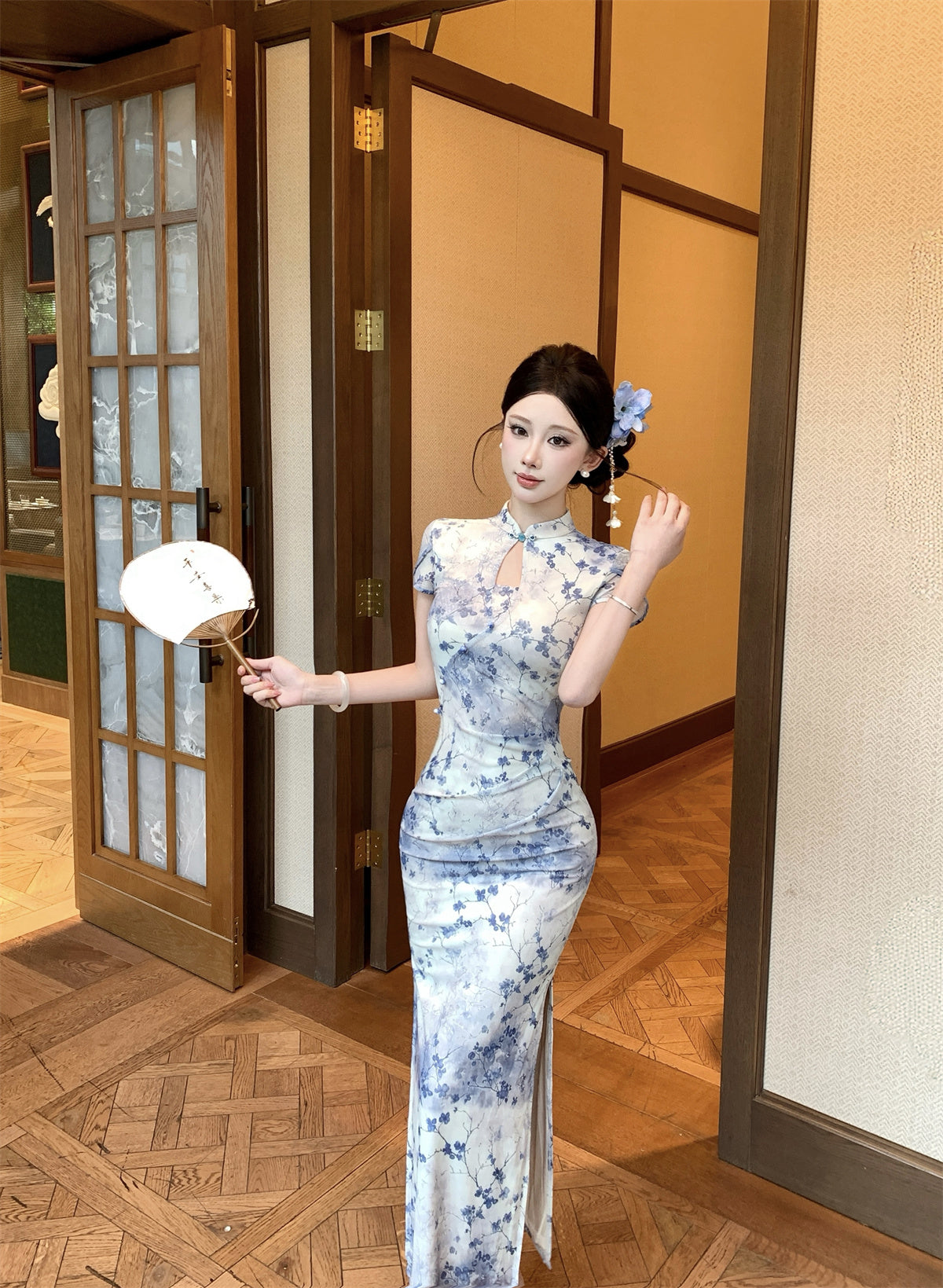 Blue and white Qipao Floral Maxi Dress