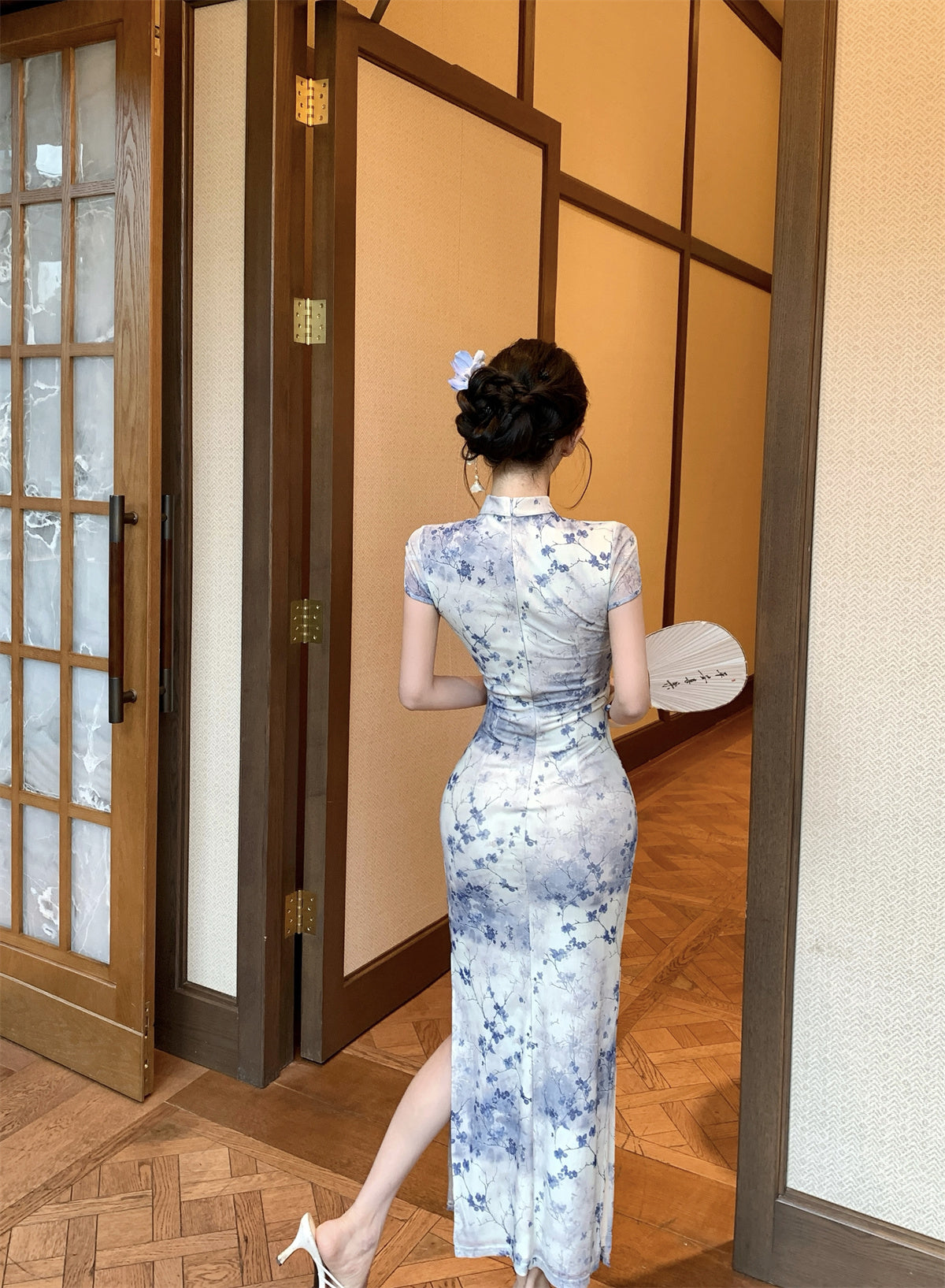 Blue and white Qipao Floral Maxi Dress
