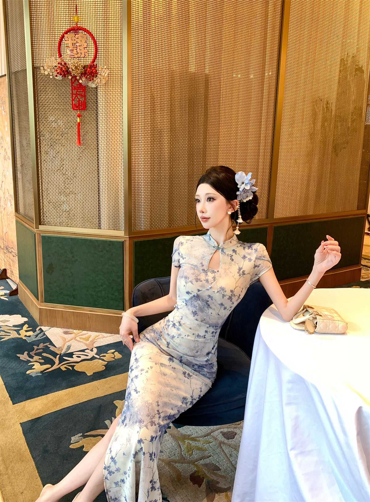 Blue and white Qipao Floral Maxi Dress