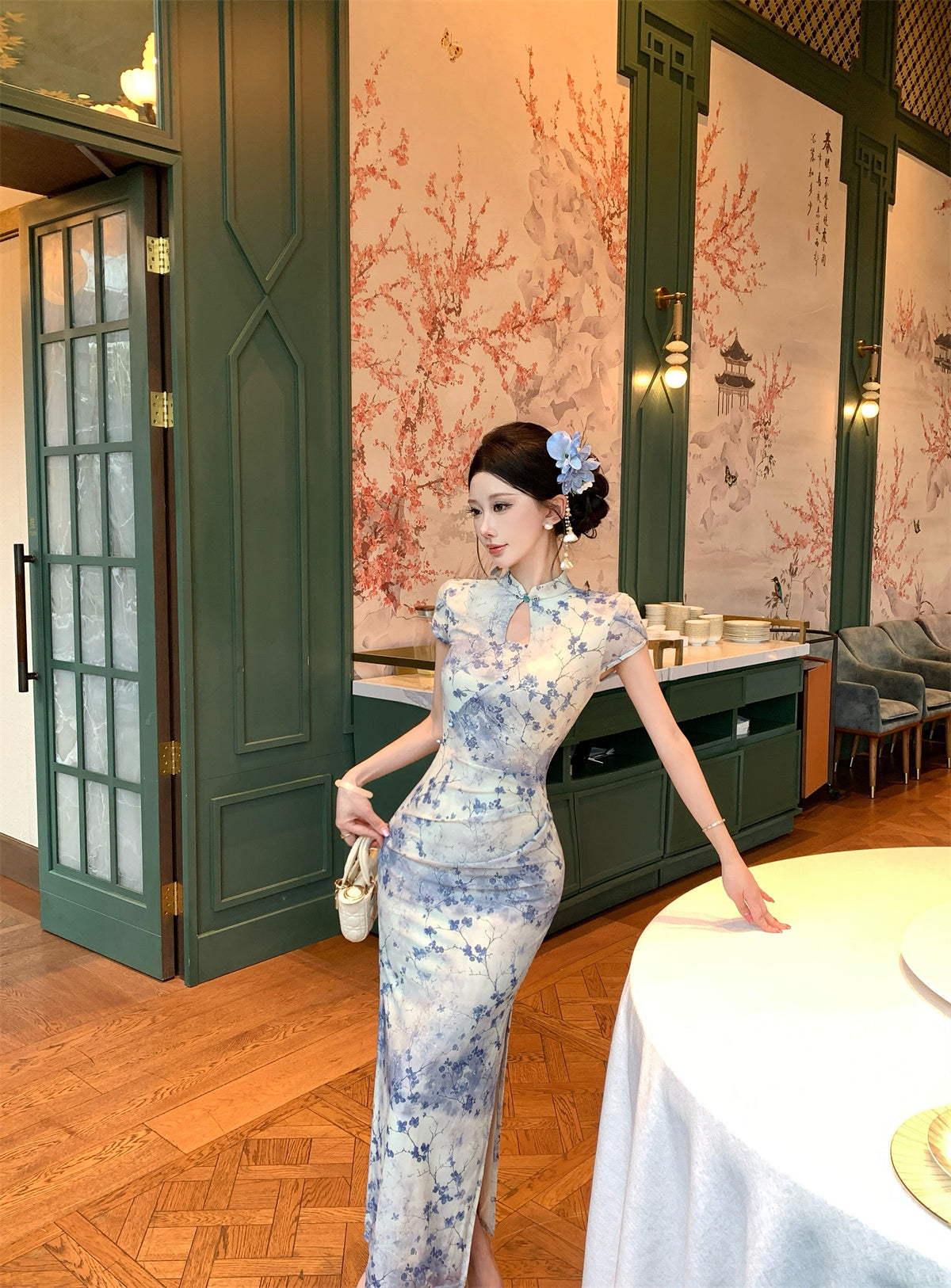 Blue and white Qipao Floral Maxi Dress
