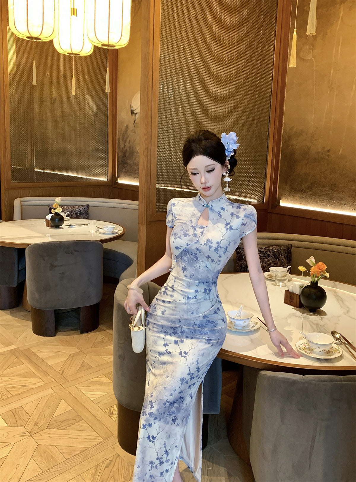 Blue and white Qipao Floral Maxi Dress