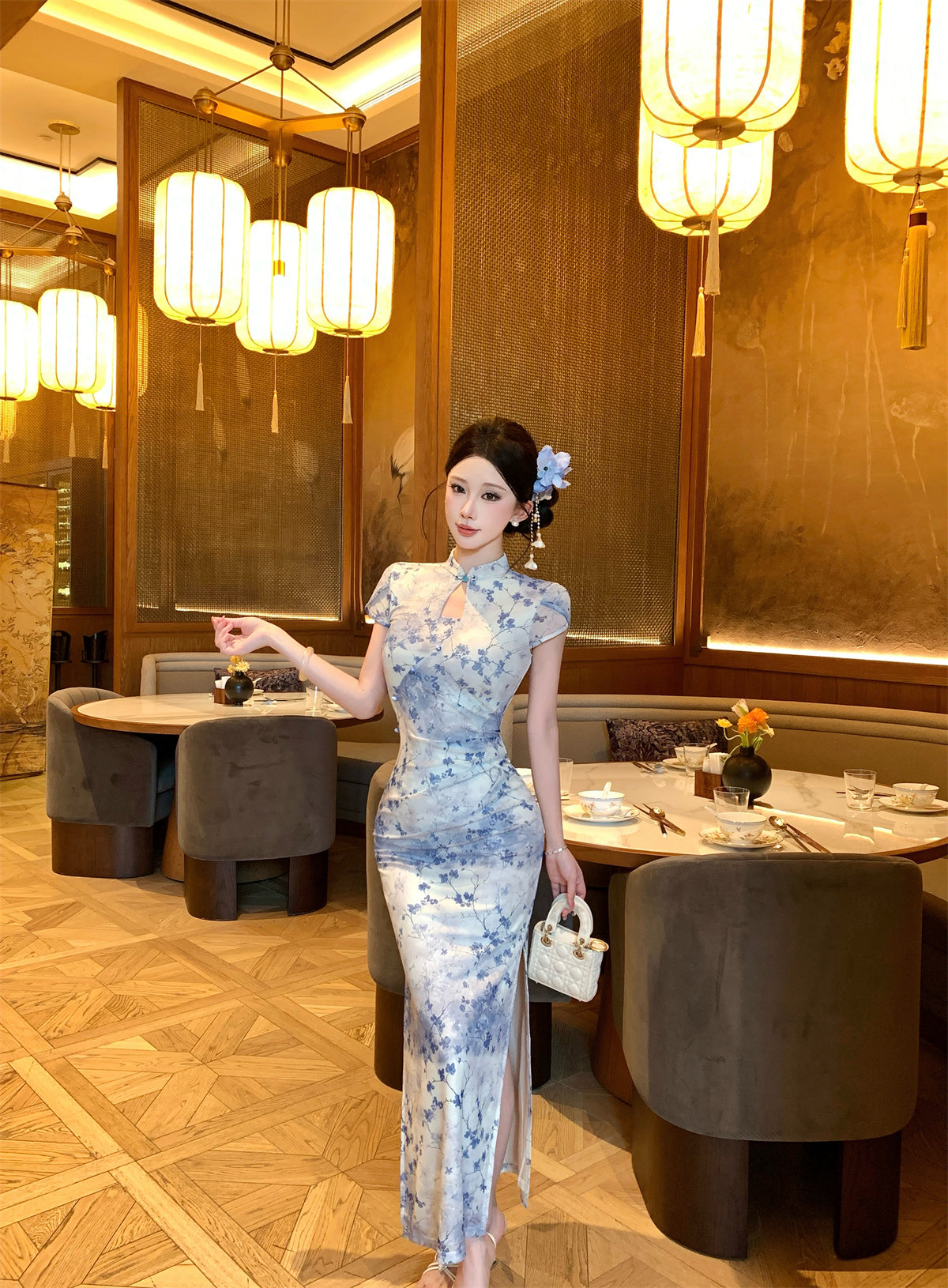 Blue and white Qipao Floral Maxi Dress