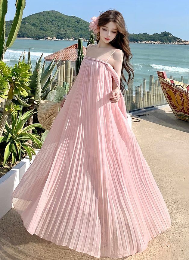 Blush Pink Micro-Pleated Trapeze Maxi Dress-Spaghetti Strap Fairycore Gown