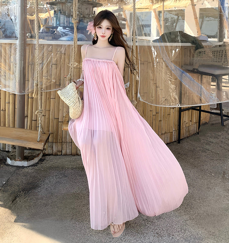 Blush Pink Micro-Pleated Trapeze Maxi Dress-Spaghetti Strap Fairycore Gown