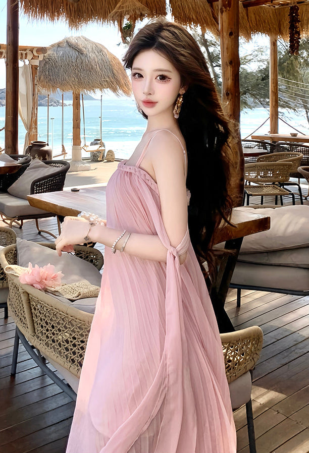 Blush Pink Micro-Pleated Trapeze Maxi Dress-Spaghetti Strap Fairycore Gown