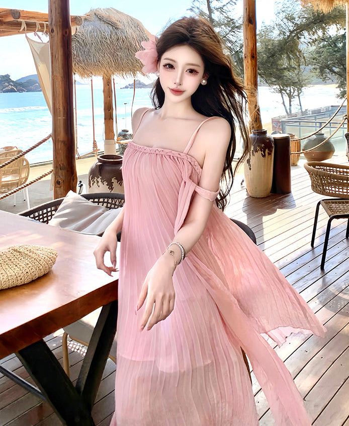 Blush Pink Micro-Pleated Trapeze Maxi Dress-Spaghetti Strap Fairycore Gown