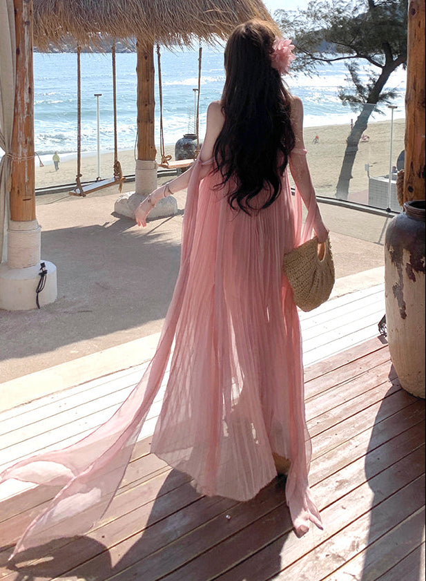 Blush Pink Micro-Pleated Trapeze Maxi Dress-Spaghetti Strap Fairycore Gown