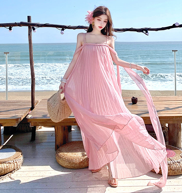 Blush Pink Micro-Pleated Trapeze Maxi Dress-Spaghetti Strap Fairycore Gown