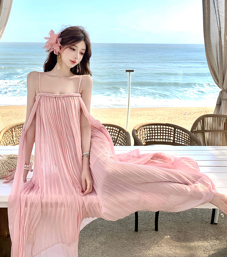 Blush Pink Micro-Pleated Trapeze Maxi Dress-Spaghetti Strap Fairycore Gown