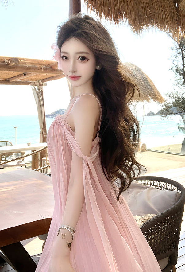 Blush Pink Micro-Pleated Trapeze Maxi Dress-Spaghetti Strap Fairycore Gown