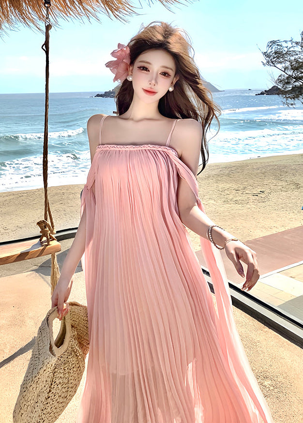 Blush Pink Micro-Pleated Trapeze Maxi Dress-Spaghetti Strap Fairycore Gown
