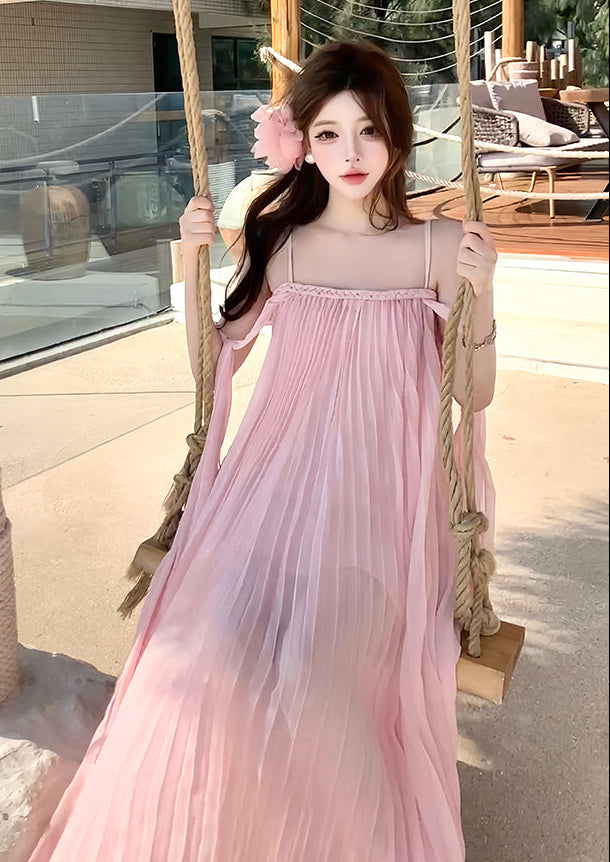 Blush Pink Micro-Pleated Trapeze Maxi Dress-Spaghetti Strap Fairycore Gown