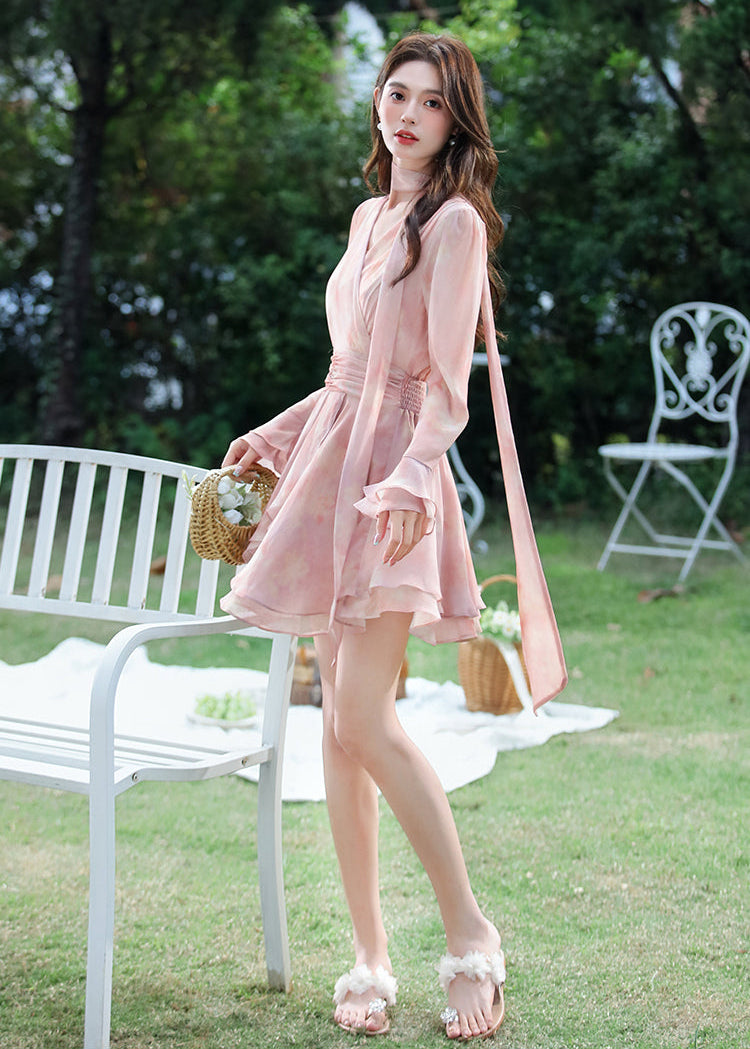 Women's Blush Pink Chiffon Layered Mini Dress-Long Sleeve Wrap-Style Garden Party Dress