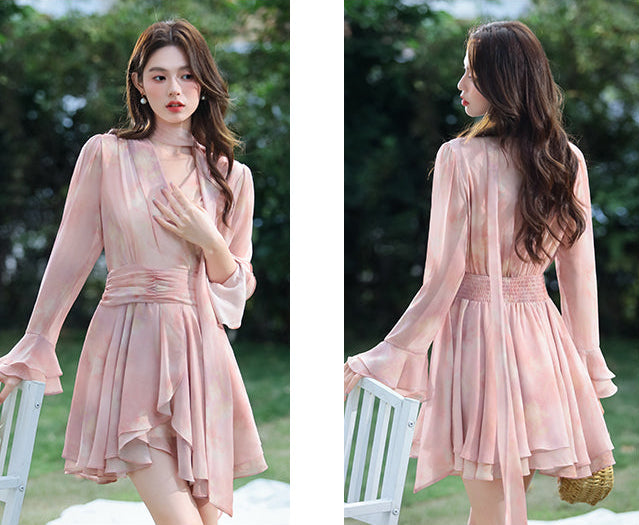 Women's Blush Pink Chiffon Layered Mini Dress-Long Sleeve Wrap-Style Garden Party Dress