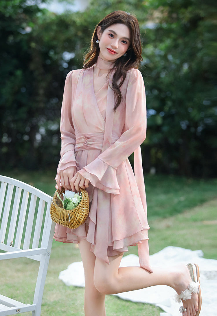 Women's Blush Pink Chiffon Layered Mini Dress-Long Sleeve Wrap-Style Garden Party Dress