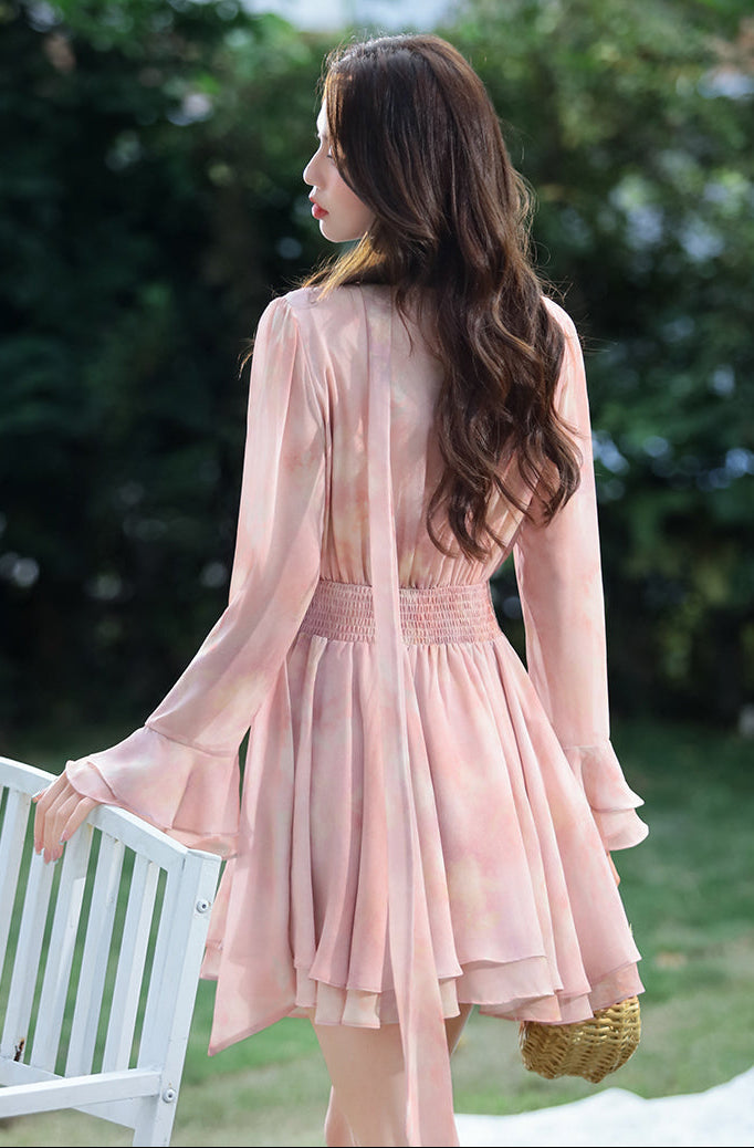 Women's Blush Pink Chiffon Layered Mini Dress-Long Sleeve Wrap-Style Garden Party Dress
