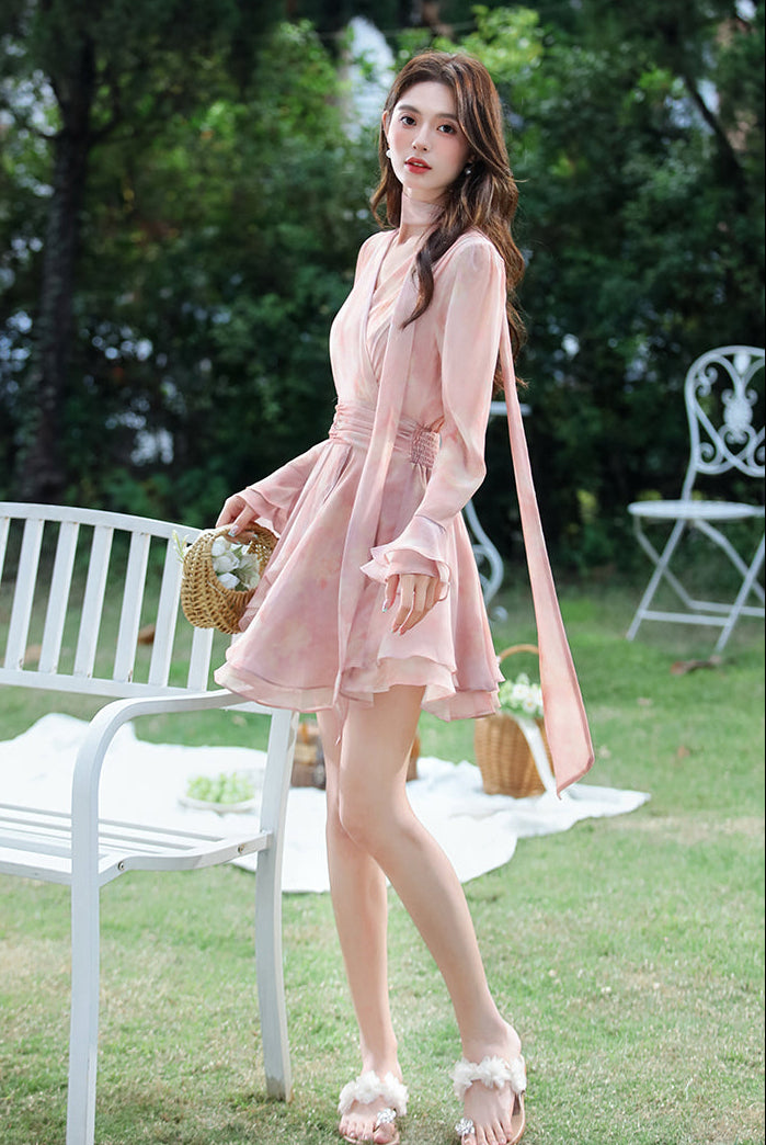 Women's Blush Pink Chiffon Layered Mini Dress-Long Sleeve Wrap-Style Garden Party Dress
